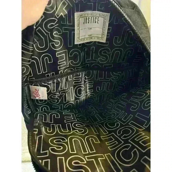 NWT Justice Ying & Yang Girls Backpack Holographic Silver with Pom Pom Keychain - Picture 10 of 10